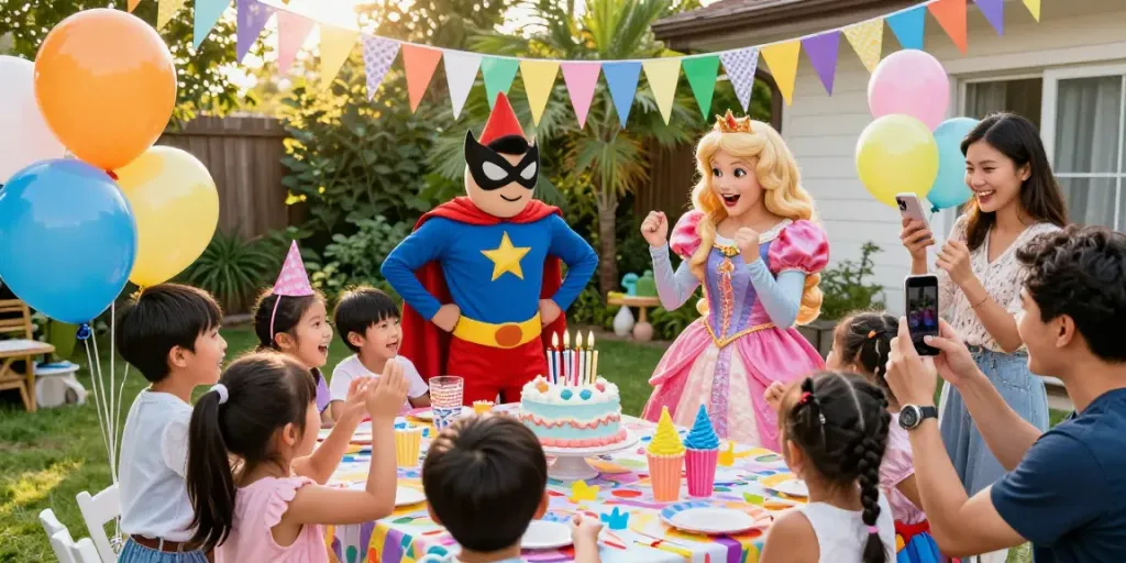 Birthday party characters entertaining kids at a joyful celebration.
