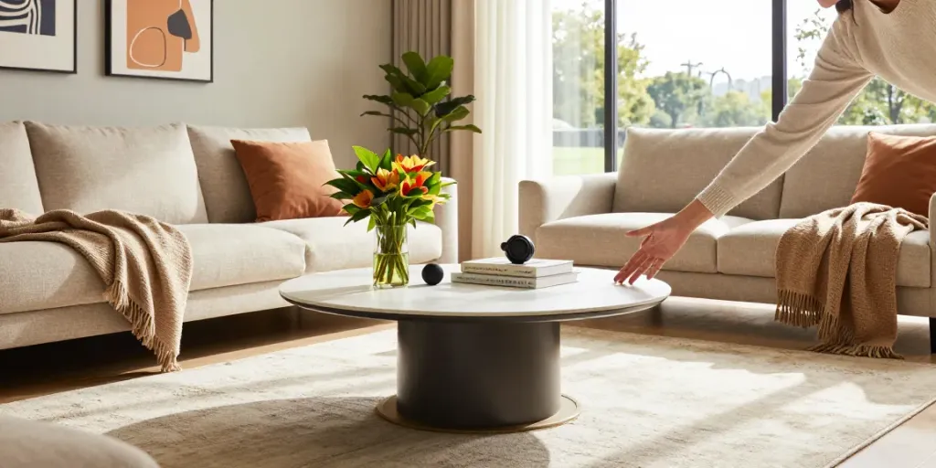 Stylish living room featuring Home The Spruce highlights with a person choosing a modern sofa table.