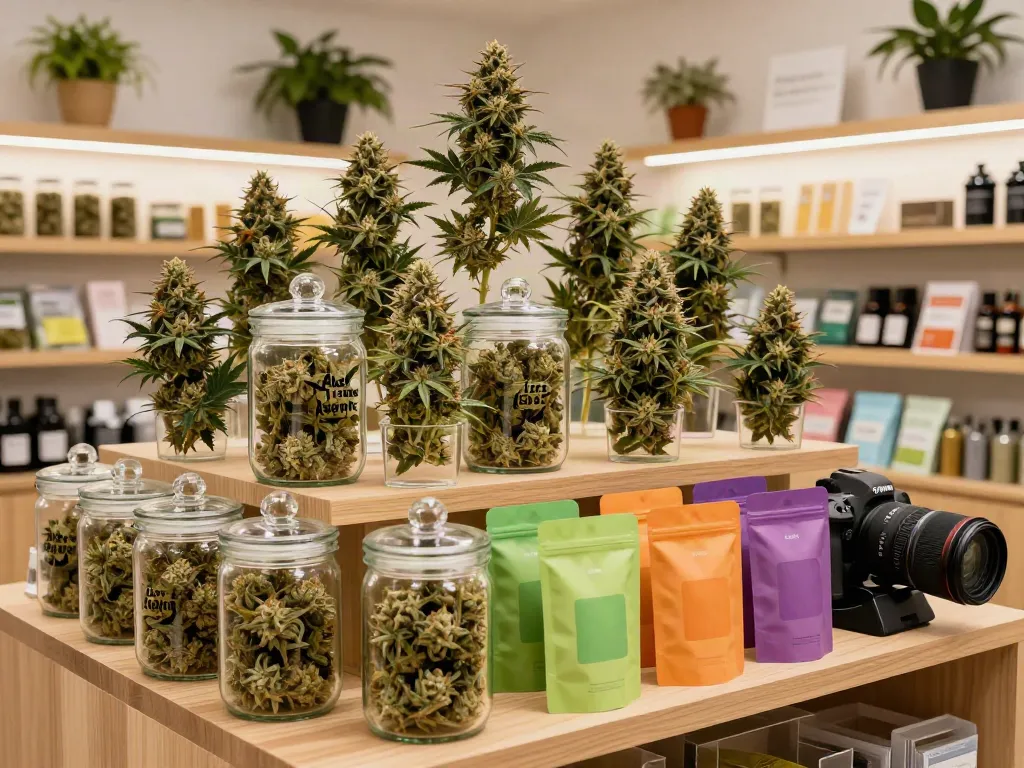 Colorful display of cannabis strains including Alien labs Atomic Apple in a modern retail shop