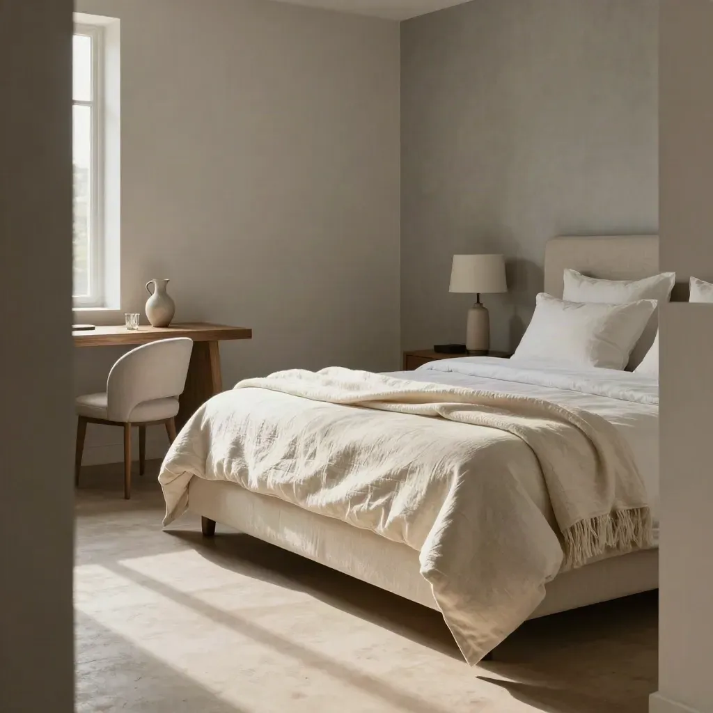 Ivory king bed room with desk, chair and carafe lit by morning light