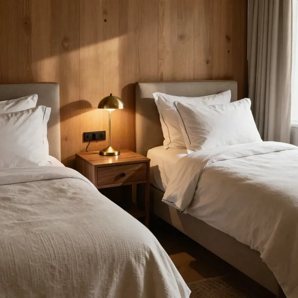 Twin beds in a calm boutique hotel room with lamp, nightstand, and soft morning light.