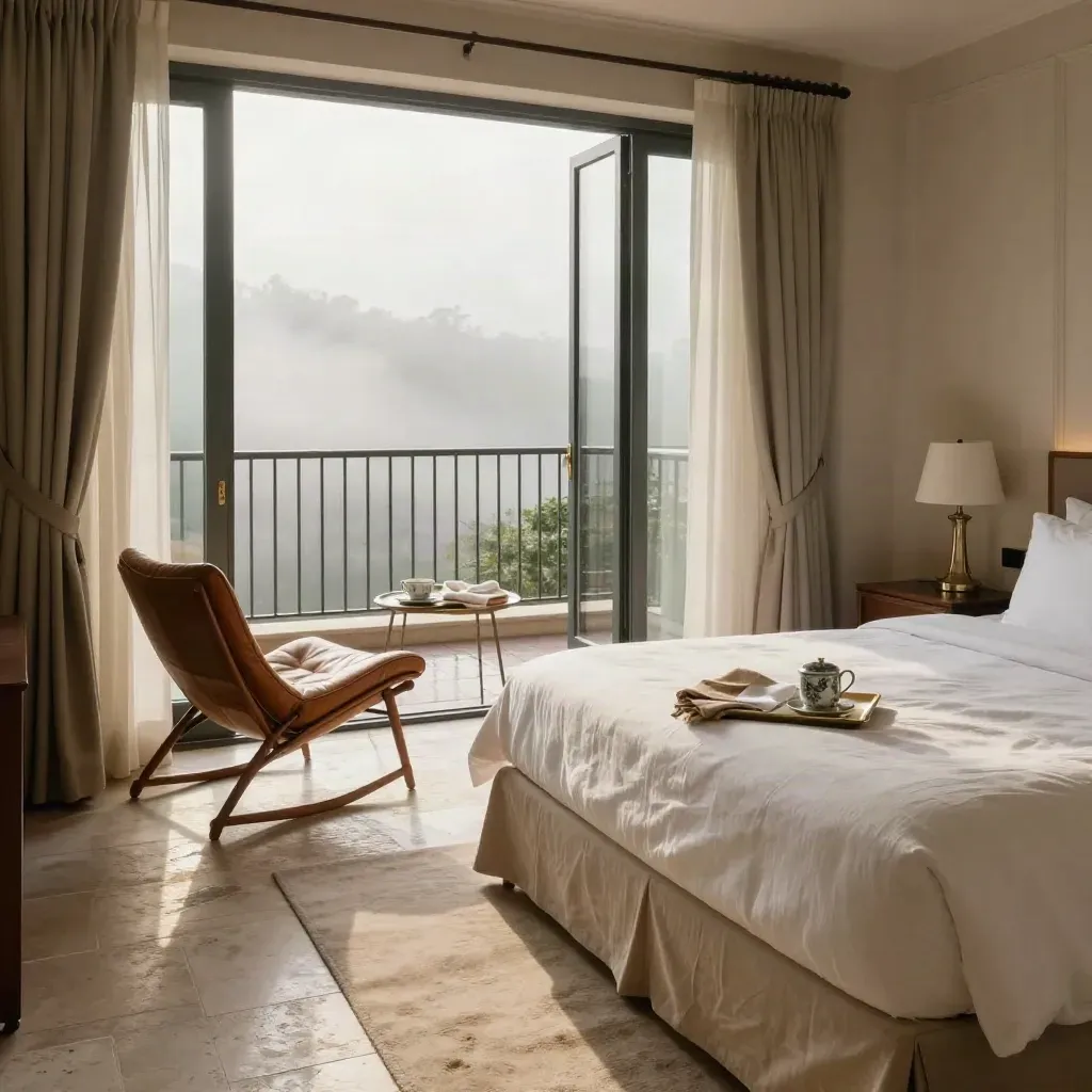 Sunlit royal suite with king bed, lounge chair, balcony doors, and breakfast tray