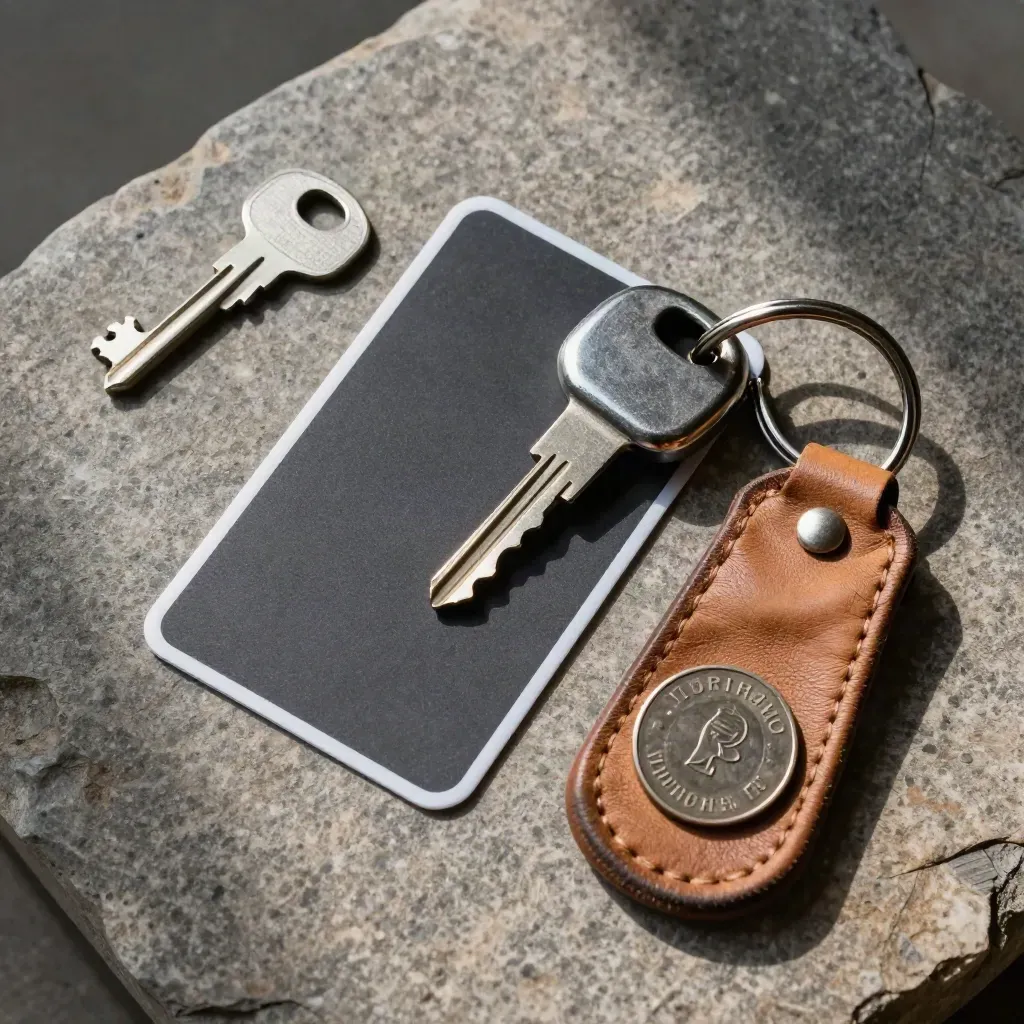 Parking pass sleeve, car key, leather fob and valet token on brushed stone.