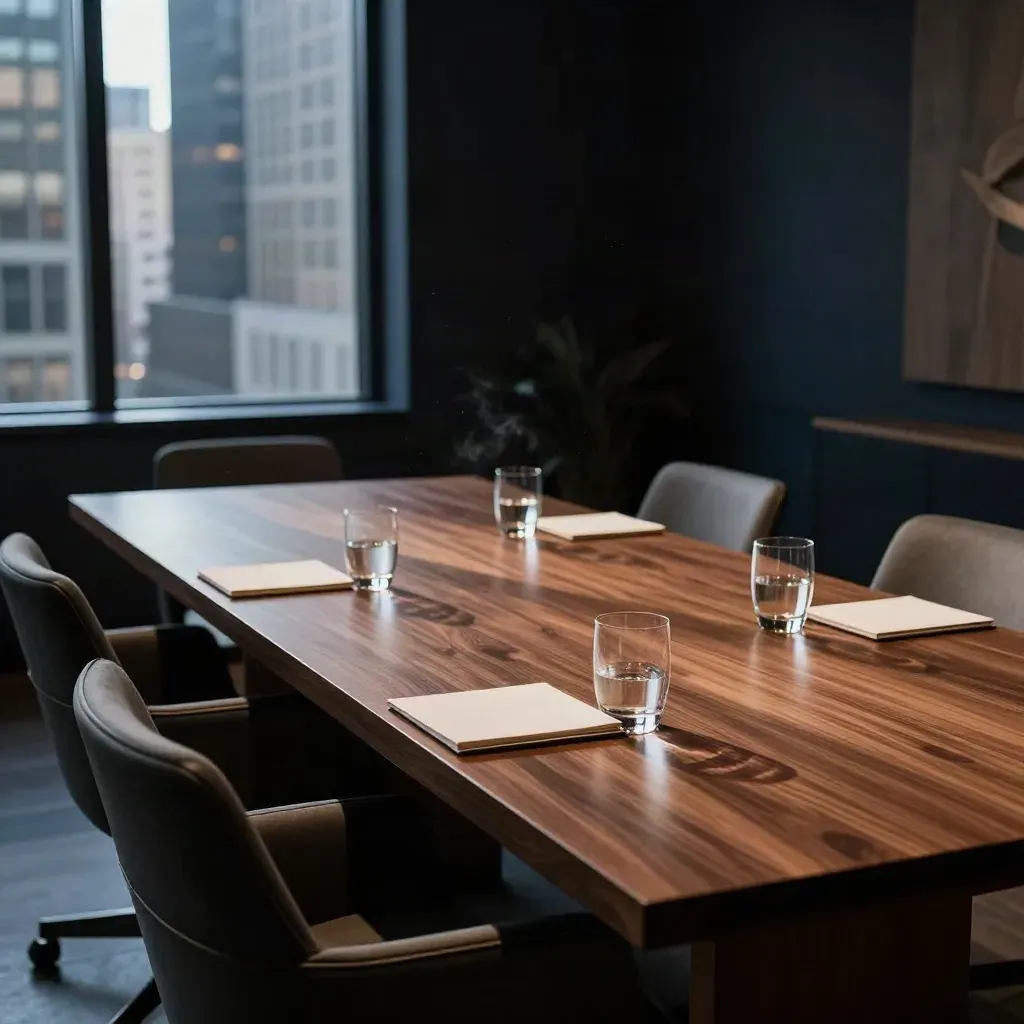 Dim boutique hotel meeting room with a long table, six chairs, glasses and notes