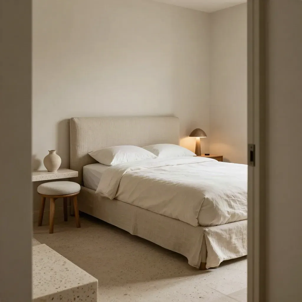 Compact double hotel room with ivory bedding, lamp, stool, and vase in soft morning light