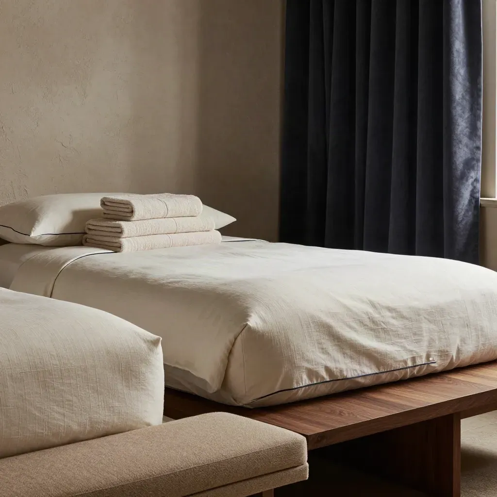 Twin room materials in close-up: linen beds, towels, bench, curtains, and textured wall.