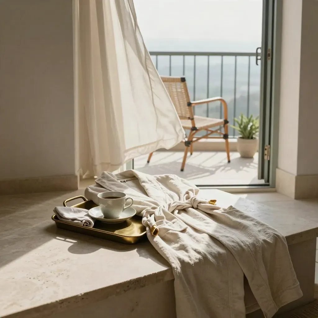 Balcony suite flatlay vignette with robe, breakfast tray, chair, open door, and plant in soft breeze.