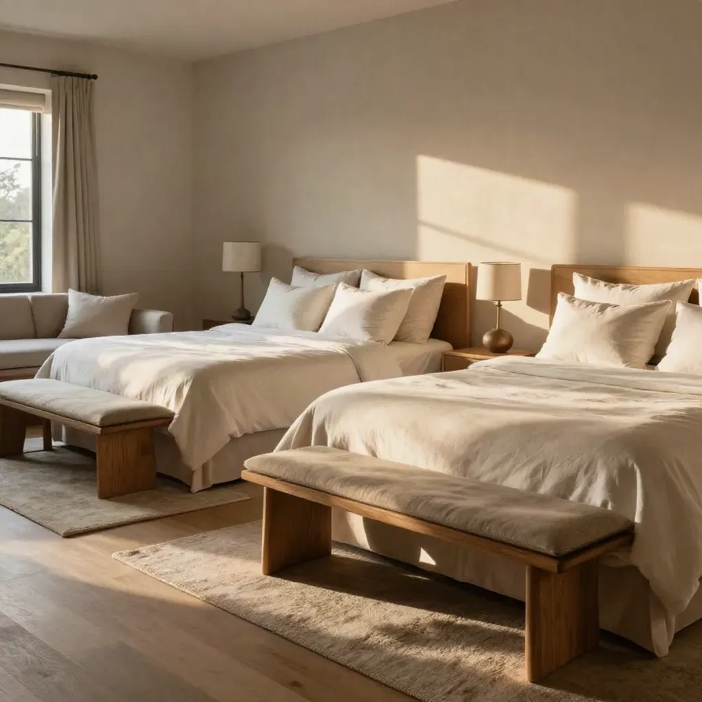 Luxury family room with two beds, sofa bed, bench and ivory linens in soft late-afternoon light.