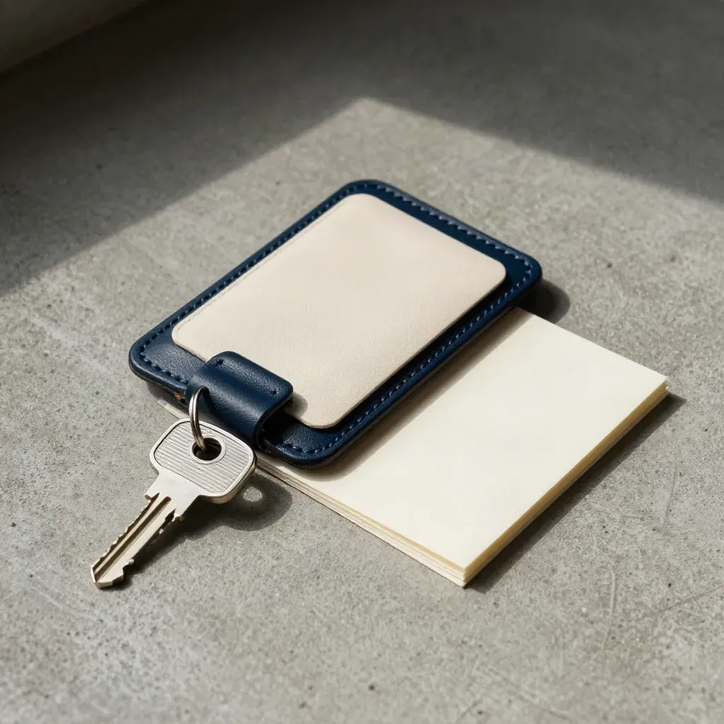 Parking pass kit with key, token, sleeve and folded slip on concrete in cool garage light.