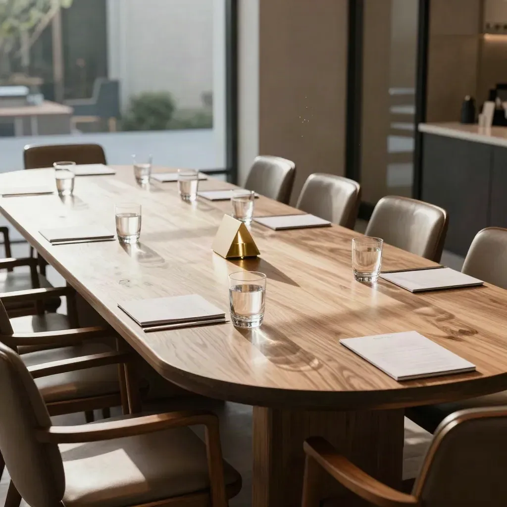 Elegant oval meeting table set with glasses, notepads and ten chairs in morning light.