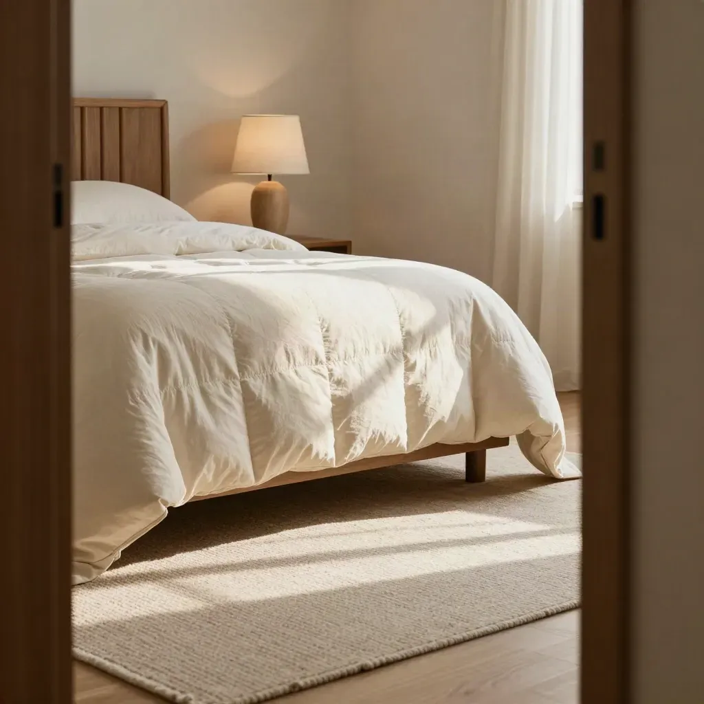 Sunlit guest-room corner with ivory bedspread, oak paneling, lamp glow, and calm space for copy.