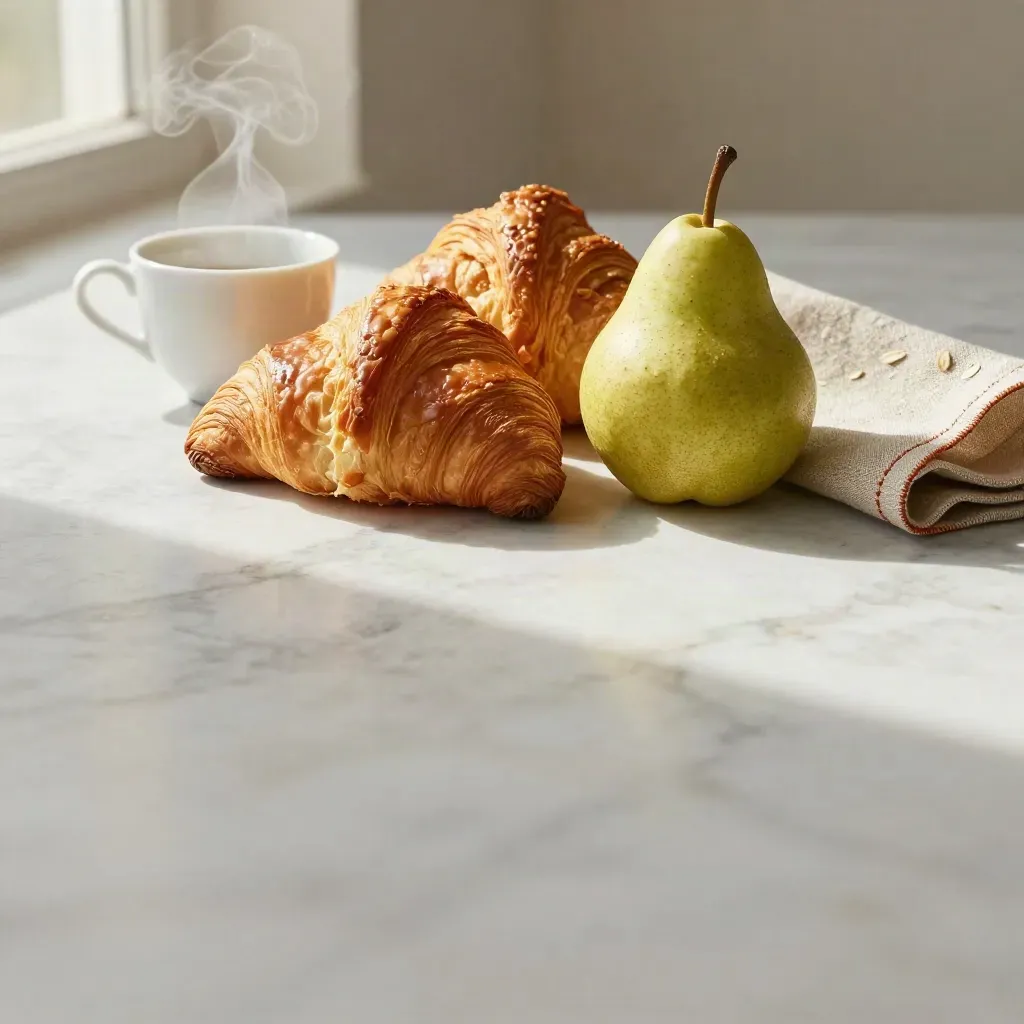 Croissant, pear, cup and linen on pale marble with steam and warm morning light.