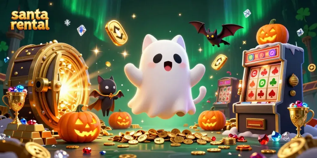 Engage with festive magic through a whimsical scene of a ghost cat and bat in a haunted casino, featuring a captivating 'santa rental'.