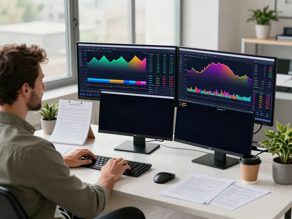 TradingView platform displayed on multiple screens in a professional trading workspace