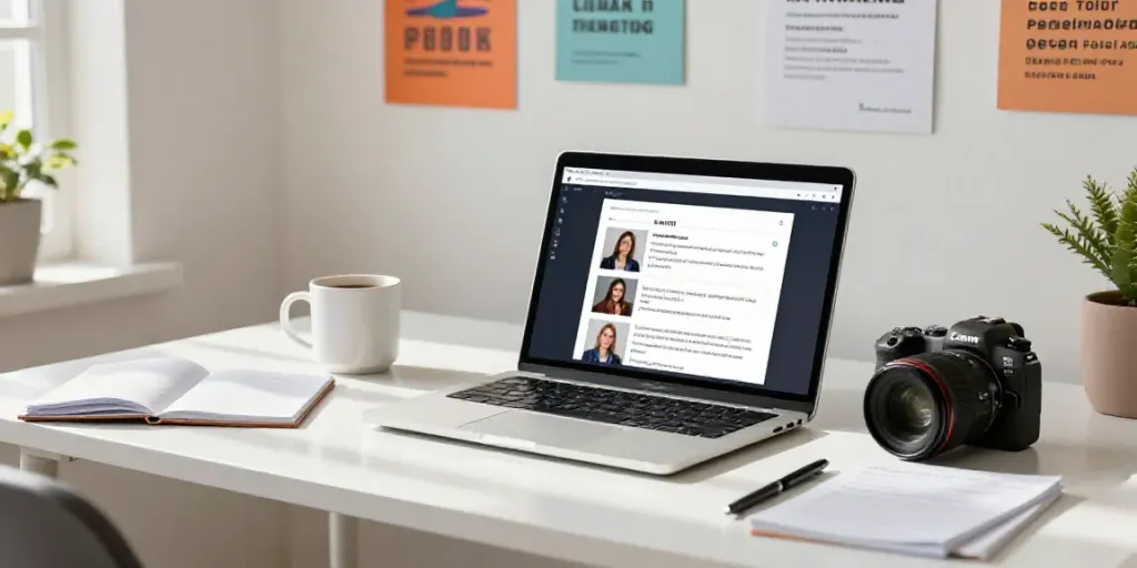 AI TikTok video scripts generator workspace with laptop, notes, and coffee, illustrating content creation.