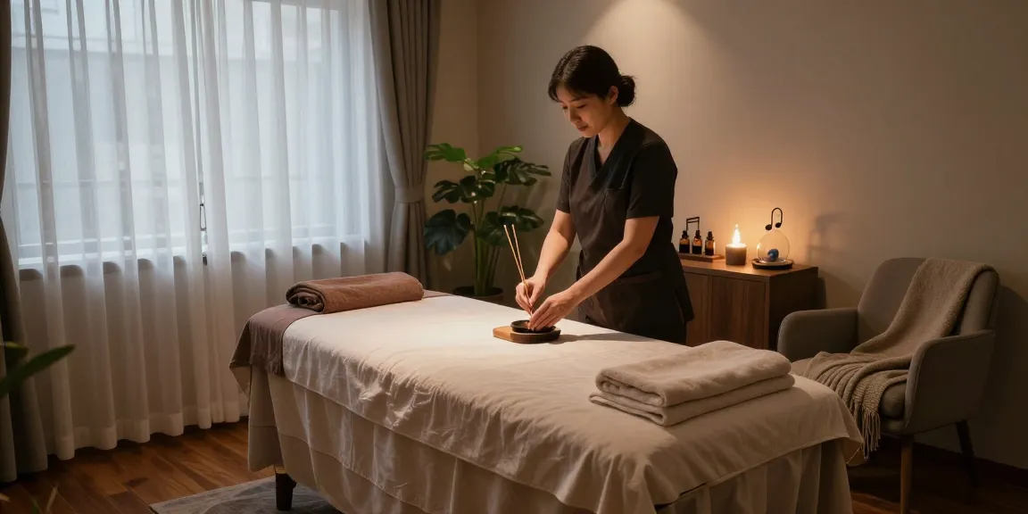 신촌출장안마 session setup in a tranquil wellness spa, featuring a calming treatment room with essential oils and soothing ambiance.