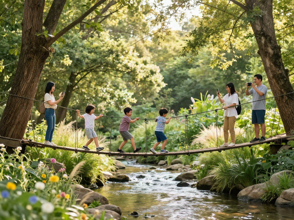 Cherishing family moments on a rope bridge design, surrounded by stunning forest scenery.